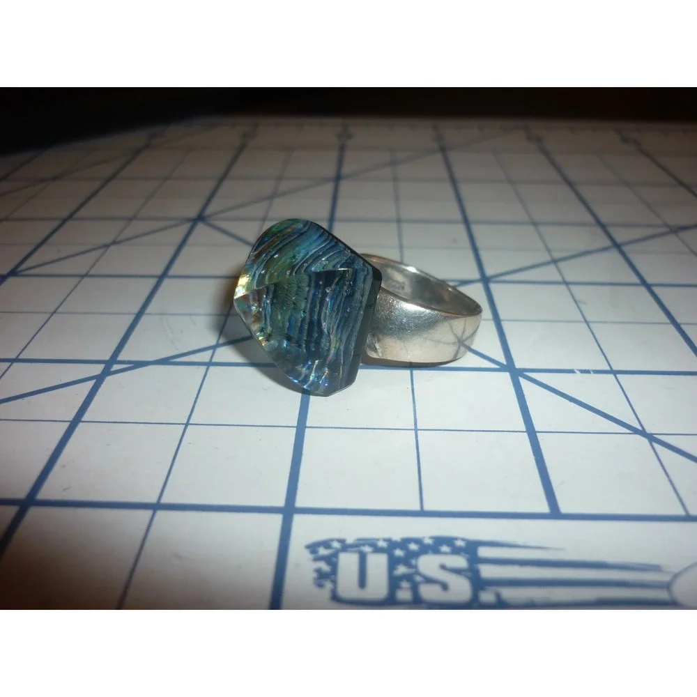 Vintage Sterling Silver Dichroic Art Glass Ring Size 6 925 Iridescent Foil  Cab